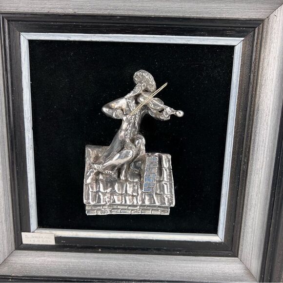 Vintage Stamped 925 Jewish Man Playing Fiddler Wall Sculpture By A Kedem Framed - Picture 7 of 12